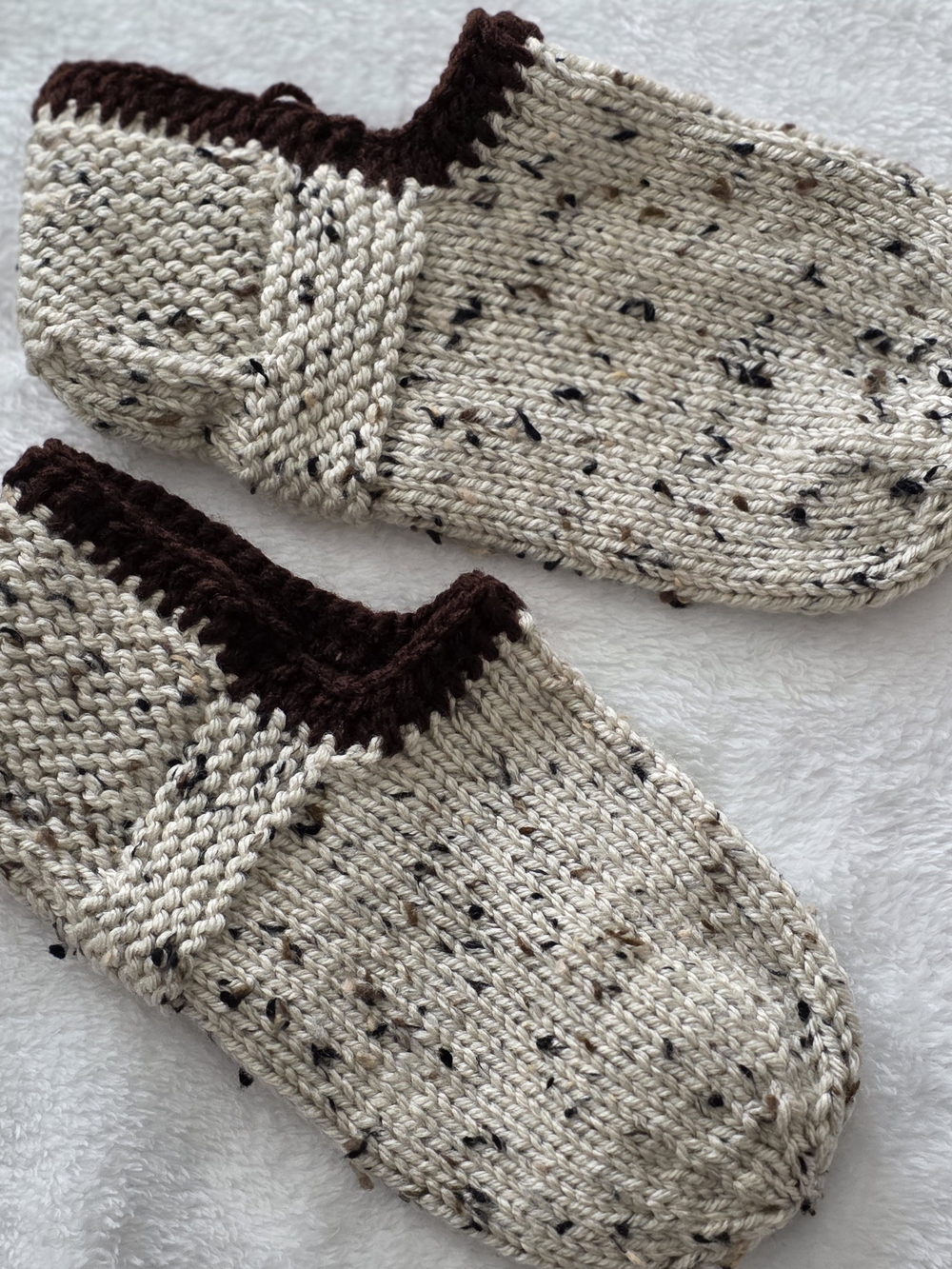 Hand Knitted Slipper Socks with Brown Trim